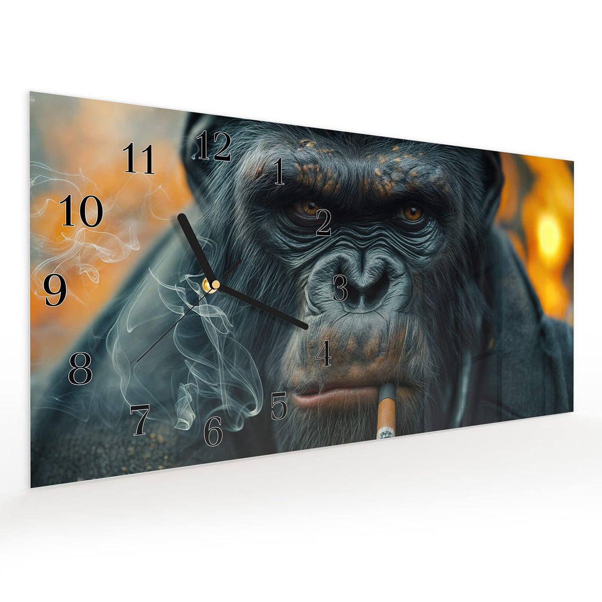 Vormontiert – mit Schwebeeffekt – Wanduhr Rauchender Affe aus Glas – Querformat 60 × 30 cm