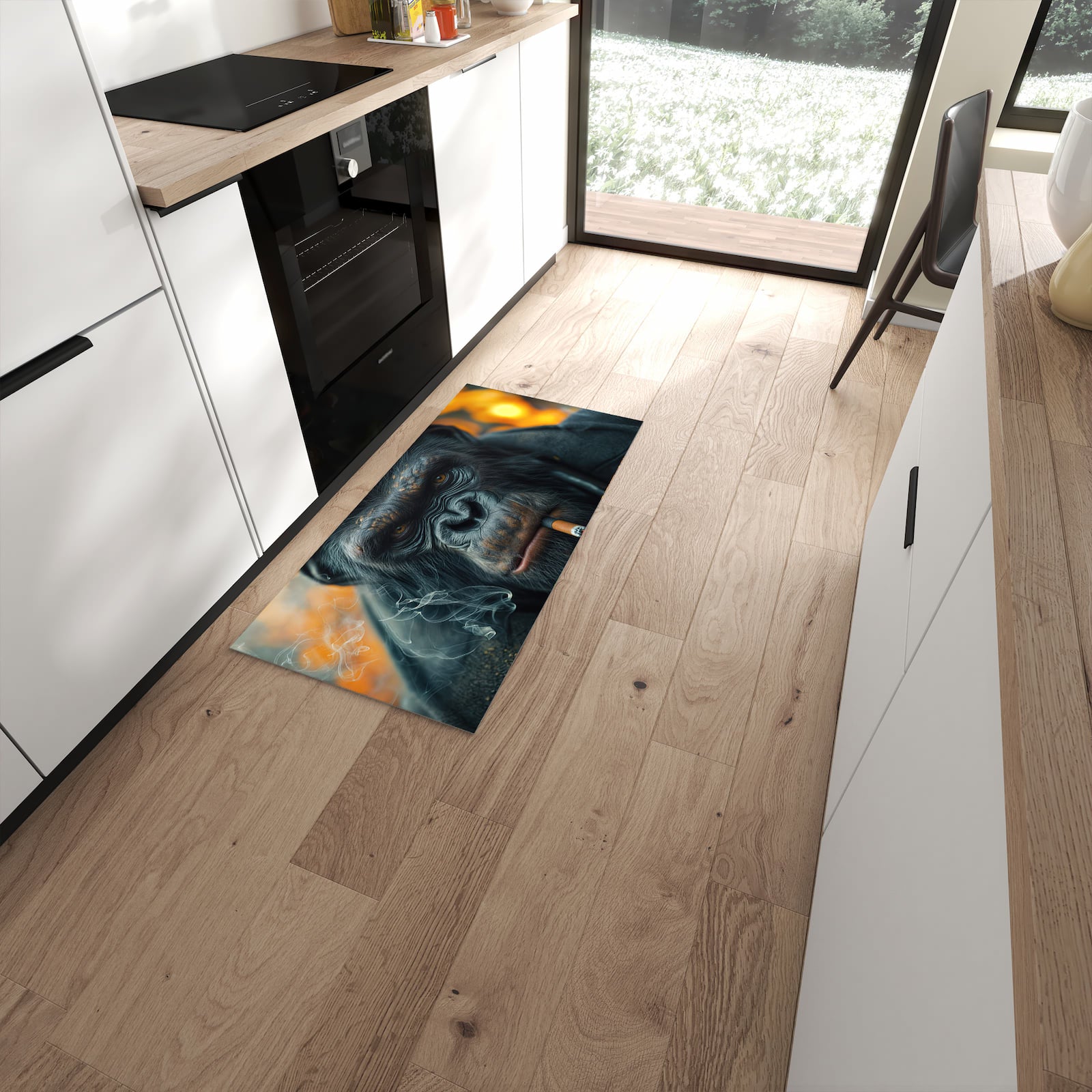 Rutschfester Küchenläufer mit Motiv Rauchender Affe in moderner Küche #grösse_60 x 120 cm