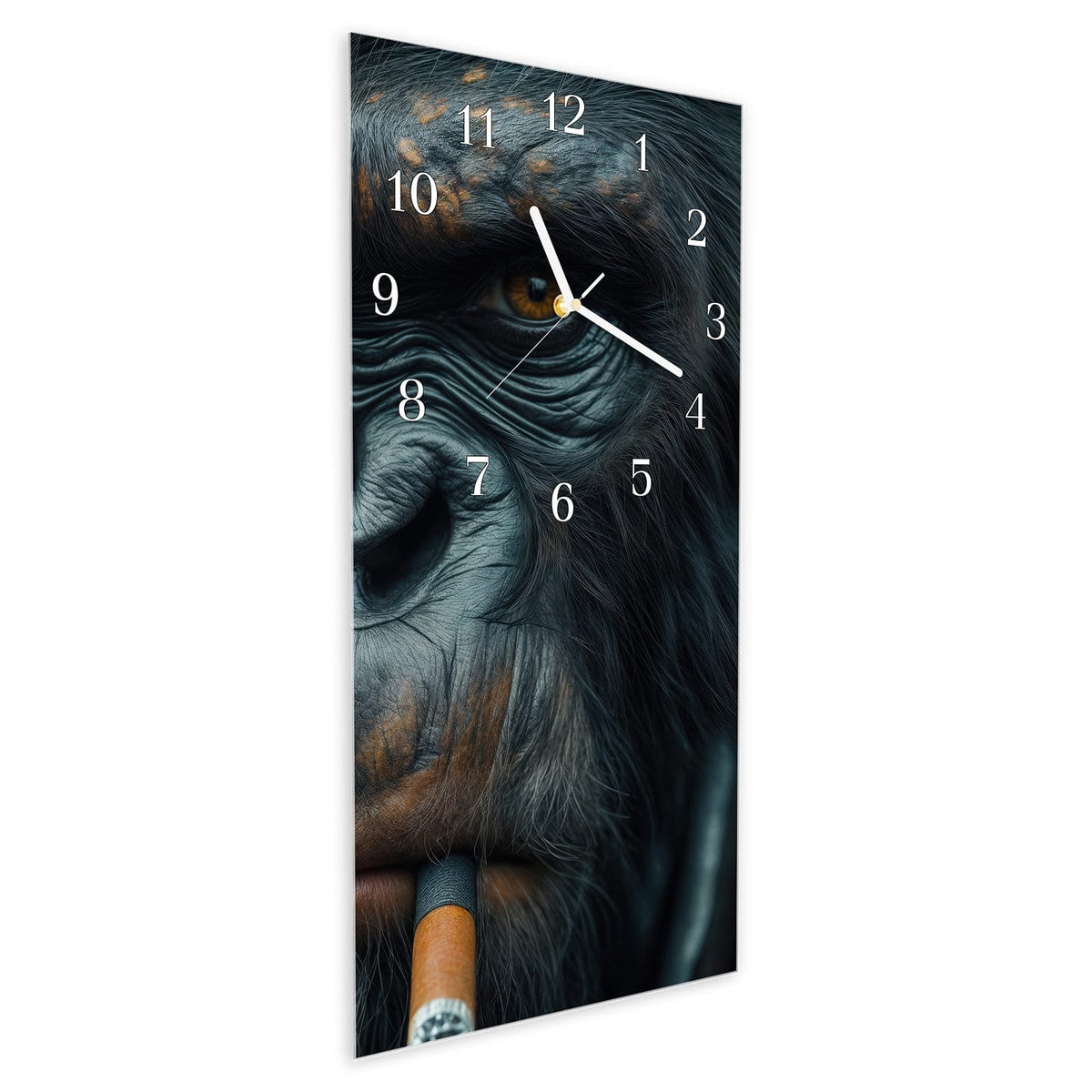 Vormontiert – mit Schwebeeffekt – Wanduhr Rauchender Affe aus Glas – Hochformat 30 × 60 cm