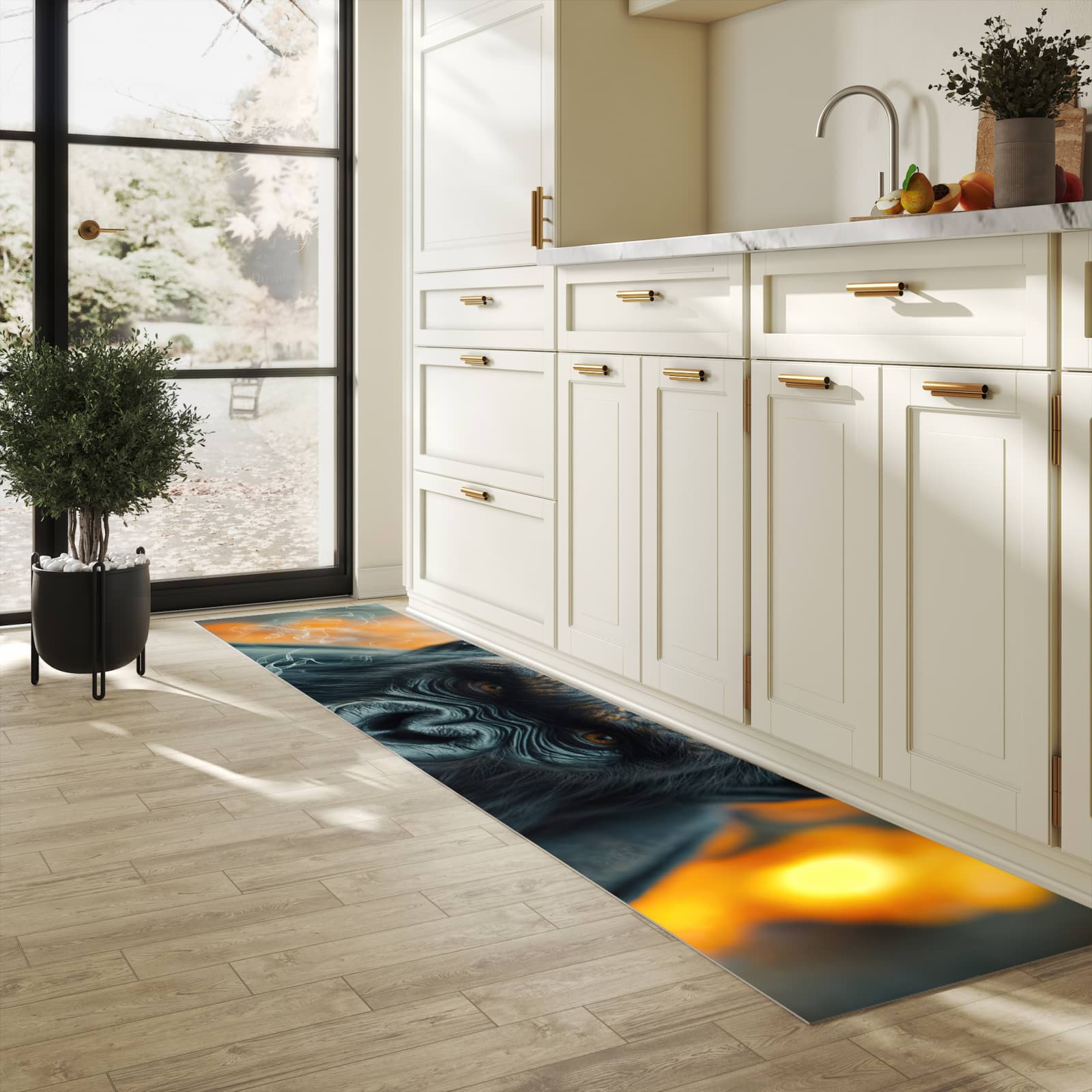 Bodenschonender Bodenläufer-Teppich mit Motiv Rauchender Affe in heller Küche
