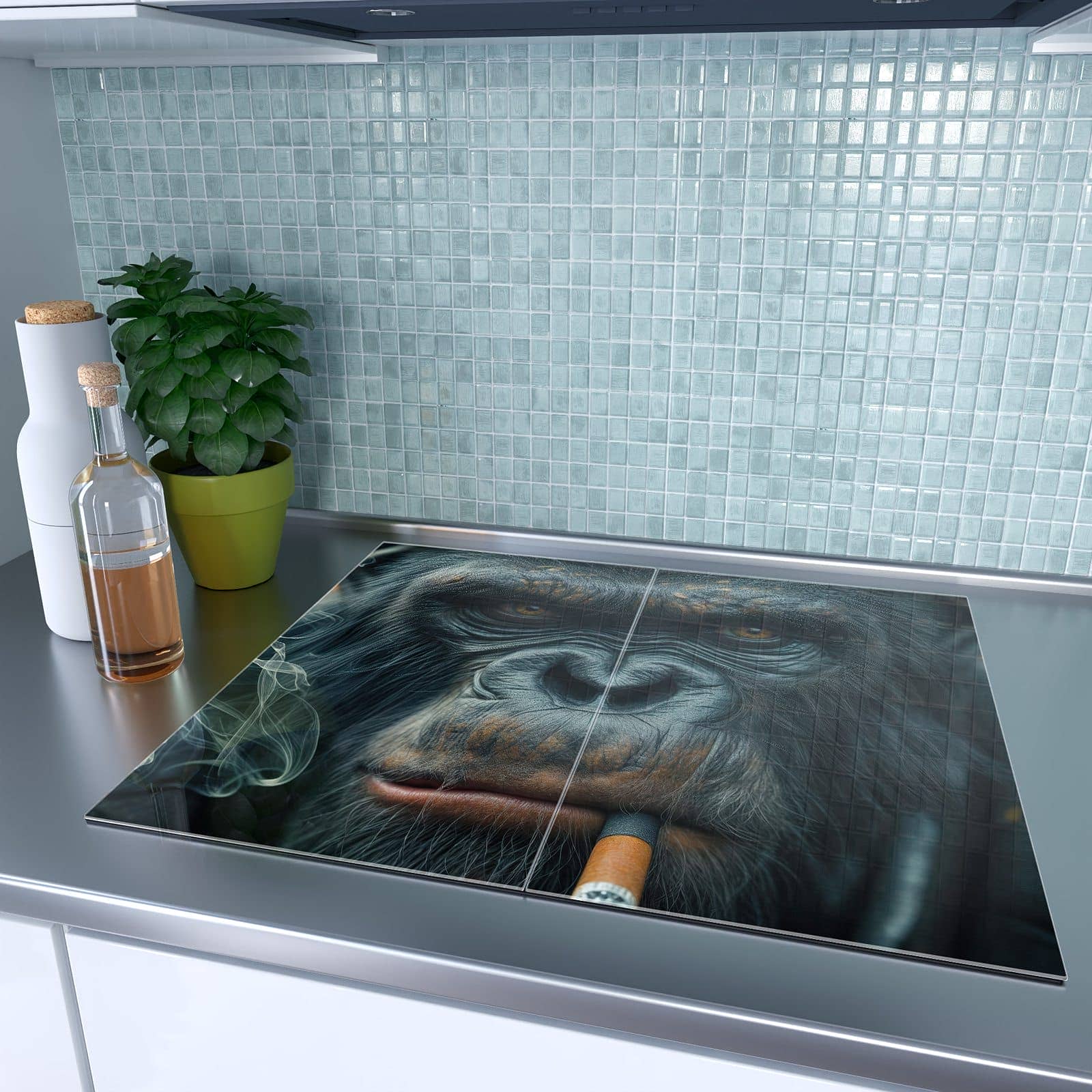 2-teilige Herdabdeckplatten aus Glas mit Rauchender Affe-Motiv auf dem Ceranfeld
