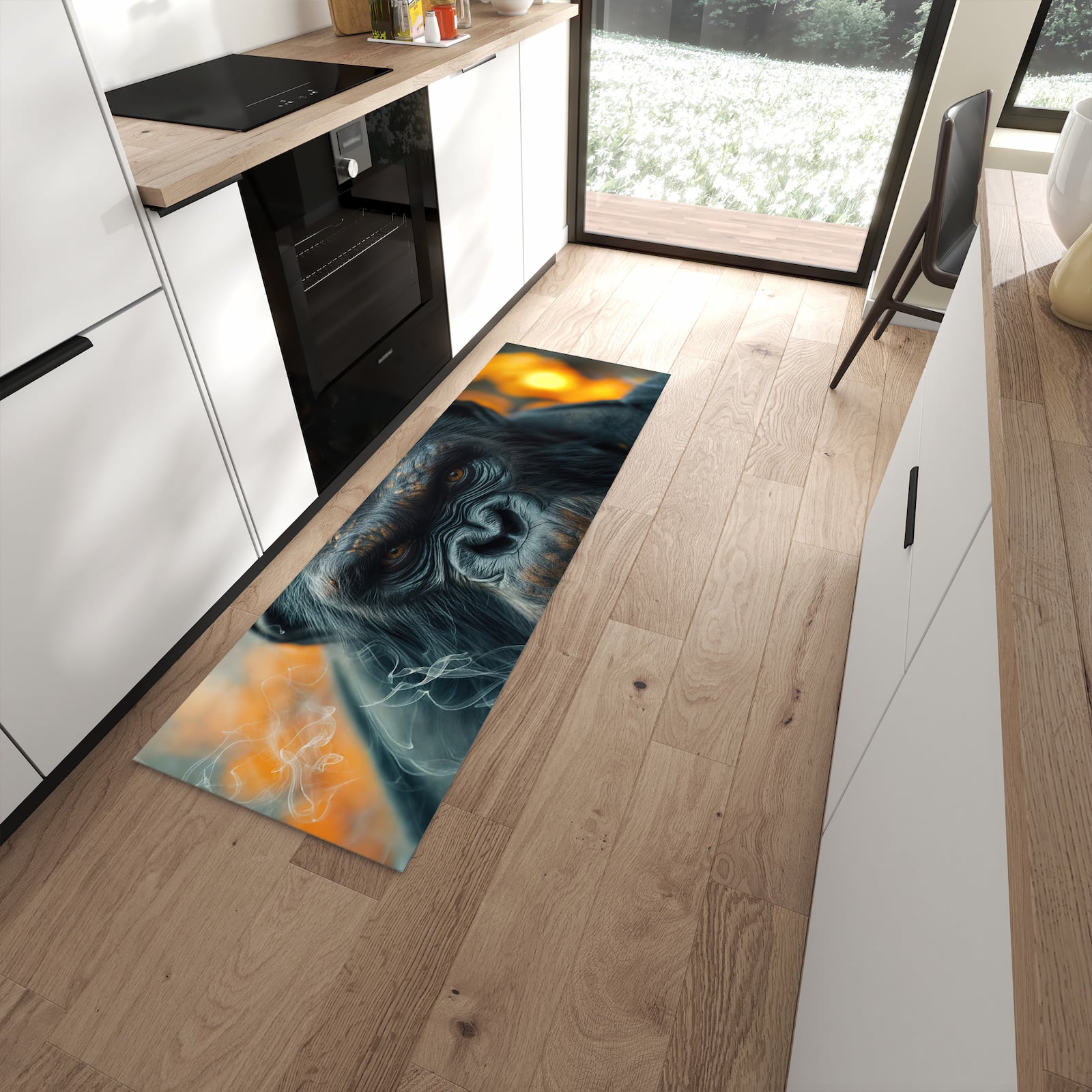 Bodenschonender Küchenteppich mit Motiv Rauchender Affe in moderner Küche