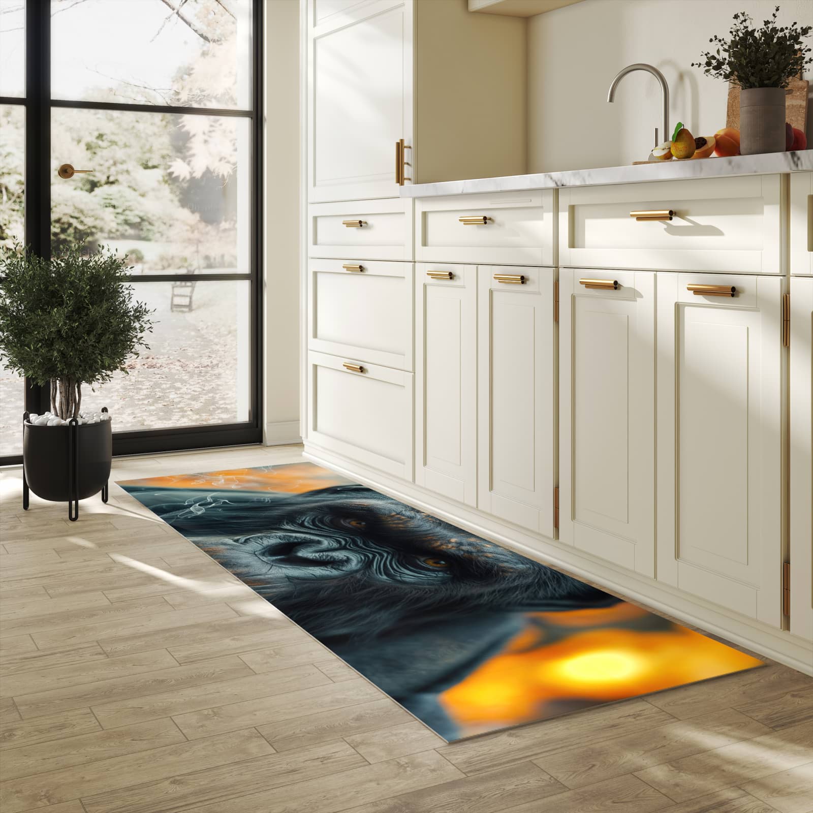Farbbeständiger Küchenteppich mit Motiv Rauchender Affe in heller Küche