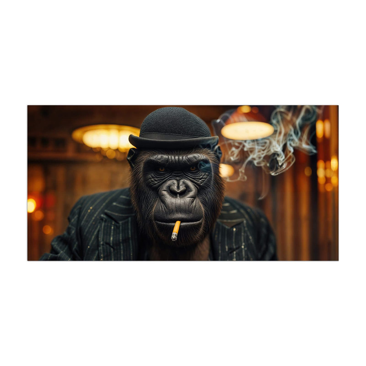 Küchenrückwand aus Glas Gorilla im Anzug im Hochformat, Motiv bildfüllend von vorn