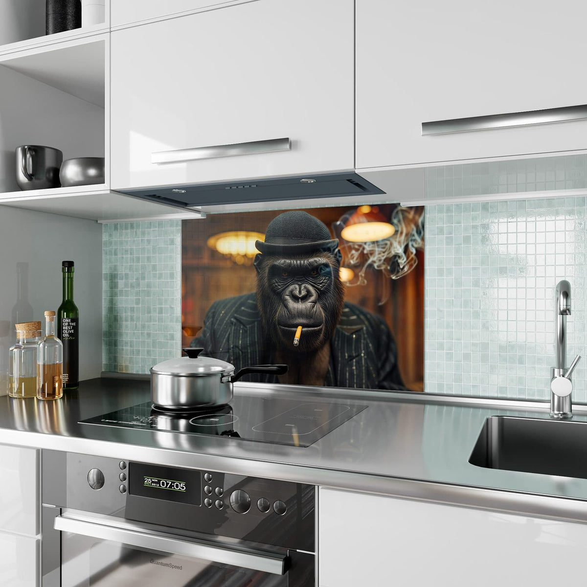 Küchenrückwand aus Glas Gorilla im Anzug im Hochformat als Spritzschutz hinter dem Kochfeld, über dem Fliesenspiegel montiert
