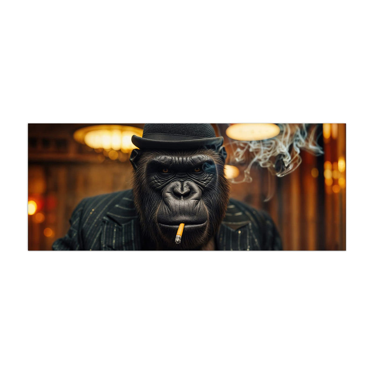 Küchenrückwand aus Glas Gorilla im Anzug im Hochformat, Motiv bildfüllend von vorn