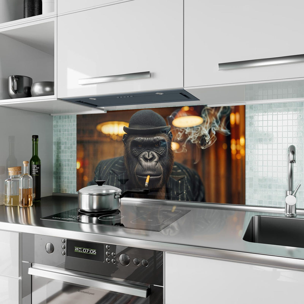 Küchenrückwand aus Glas Gorilla im Anzug im Hochformat als Spritzschutz hinter dem Kochfeld, über dem Fliesenspiegel montiert