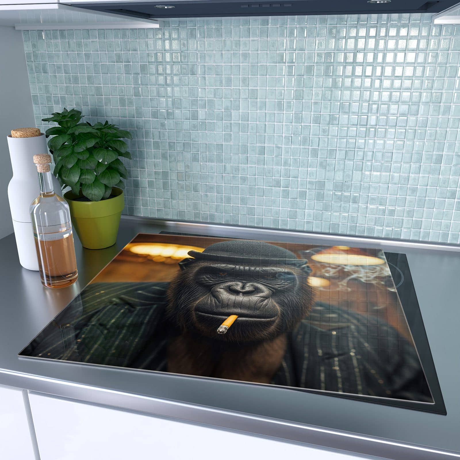 1-teilige Herdabdeckung aus Glas mit Rauchender Gorilla-Motiv auf dem Ceranfeld