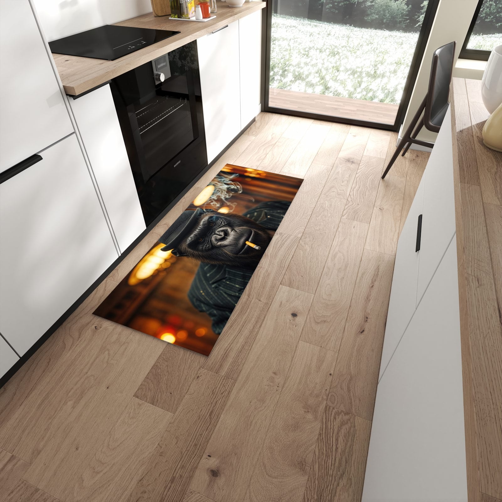 Geruchsneutraler abwaschbarer Küchenteppich mit Motiv Rauchender Gorilla in moderner Küche #grösse_60 x 150 cm