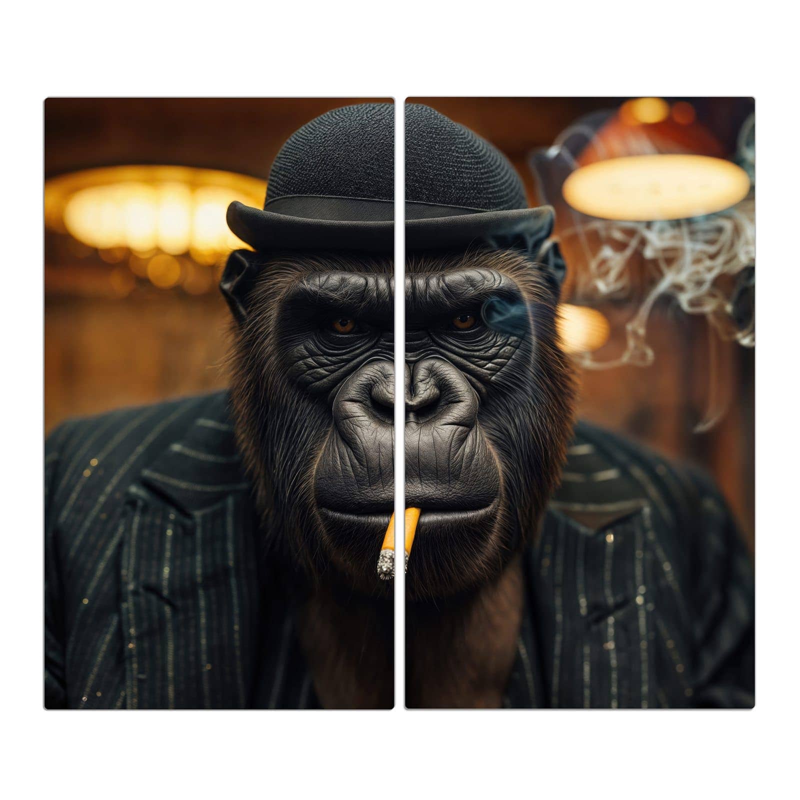 2-teilige Herdabdeckplatte mit Rauchender Gorilla-Motiv in der Frontansicht
