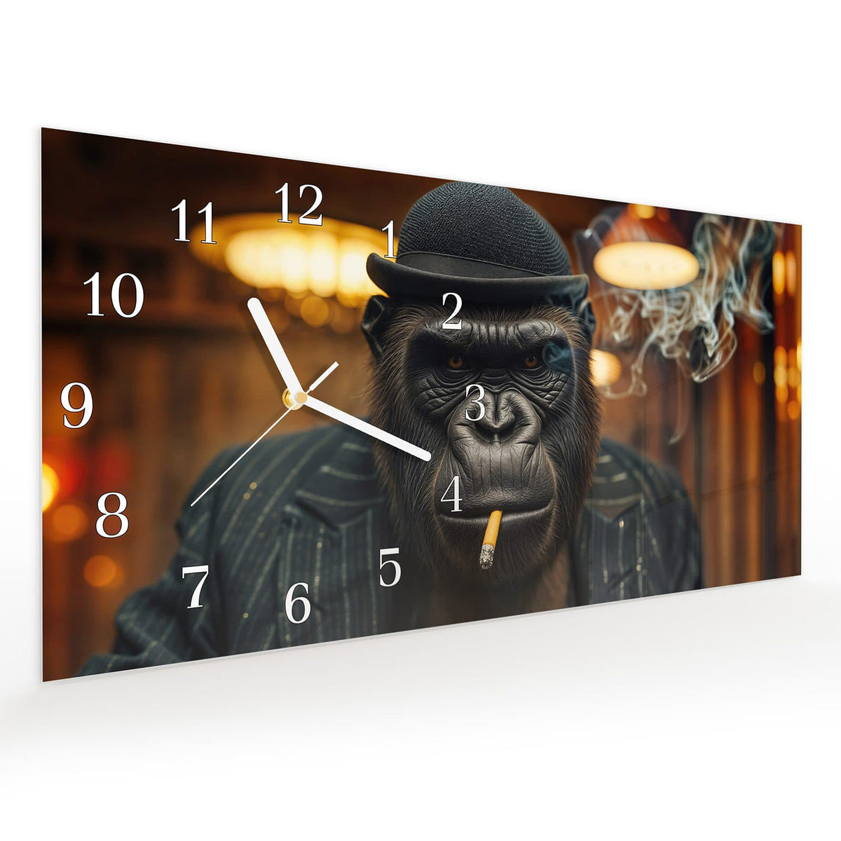 Vormontiert – mit Schwebeeffekt – Wanduhr Rauchender Gorilla aus Glas – Querformat 60 × 30 cm