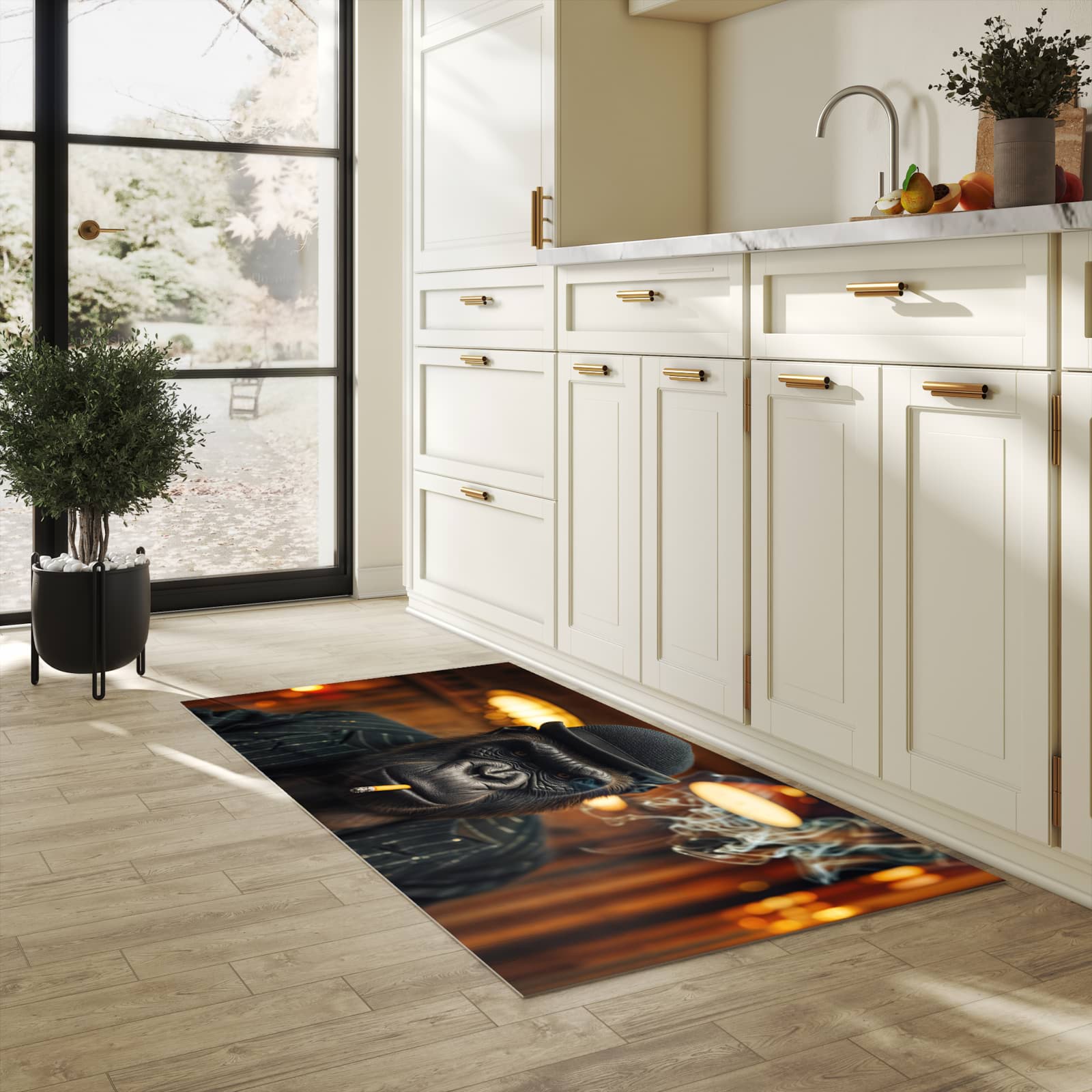 Dünner Küchenteppich mit Motiv Rauchender Gorilla in heller Küche für angenehme Haptik