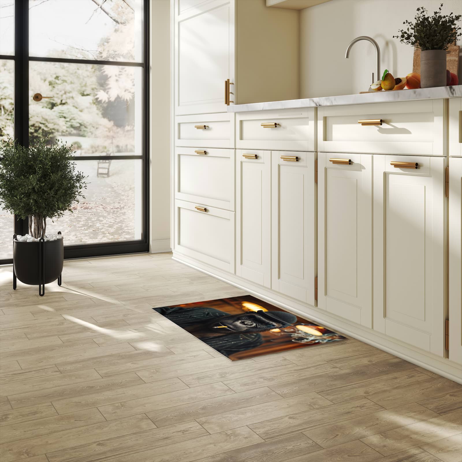 Flacher waschbarer Läufer für die Küche mit Motiv Rauchender Gorilla in heller Küche