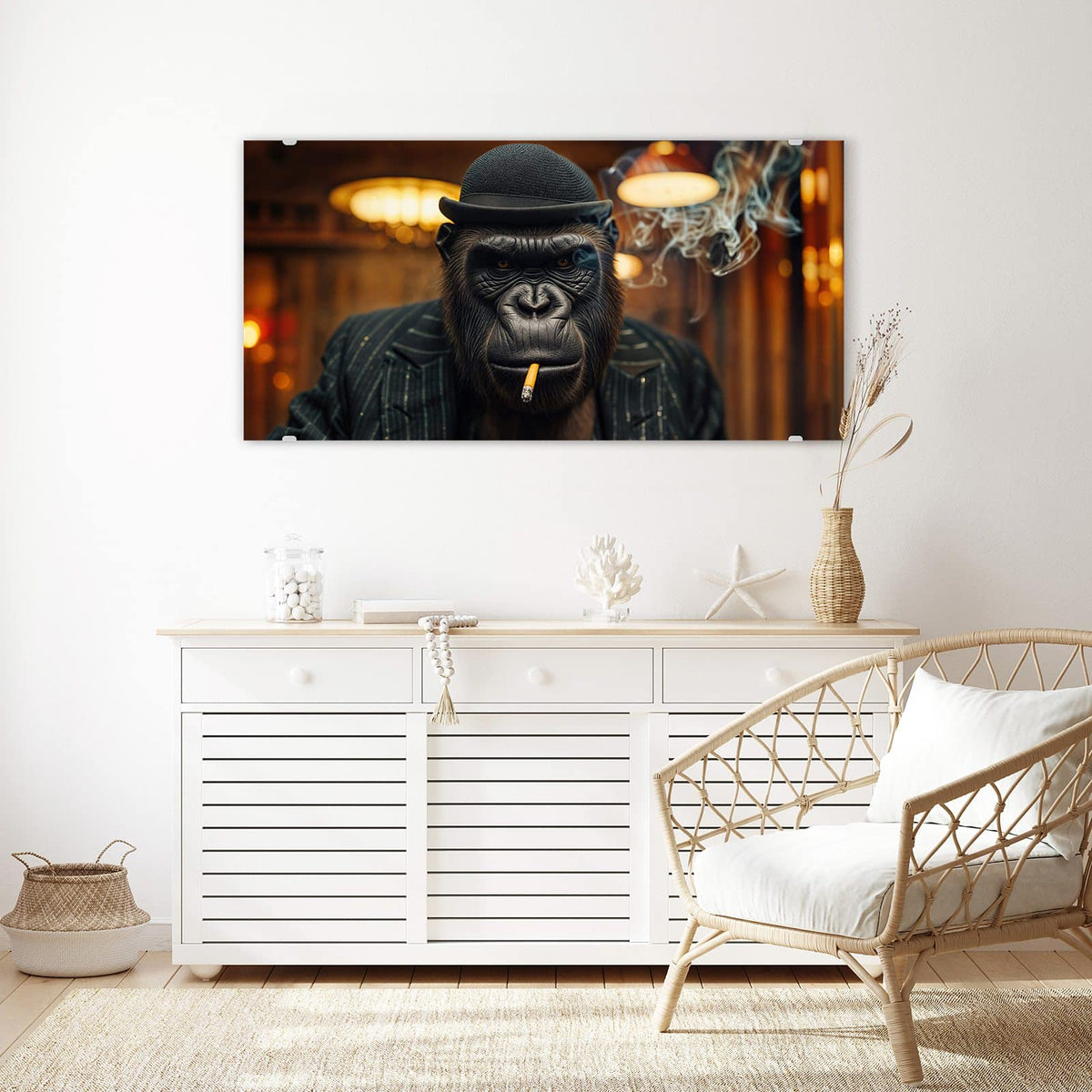 Echtglas, 4 mm – kein Acryl, keine Folie – Wandbild - Gorilla im Anzug - Querformat