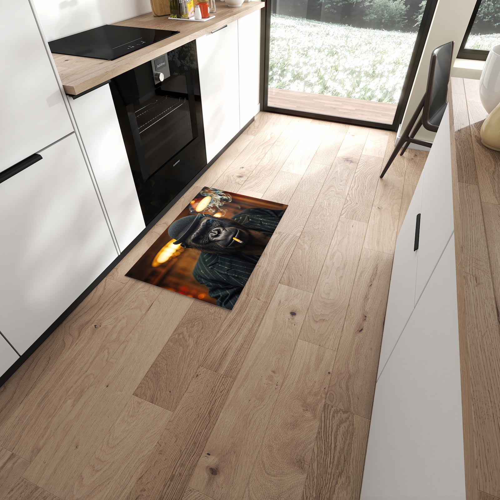 Rutschfester Küchenteppich mit Motiv Rauchender Gorilla in moderner Küche