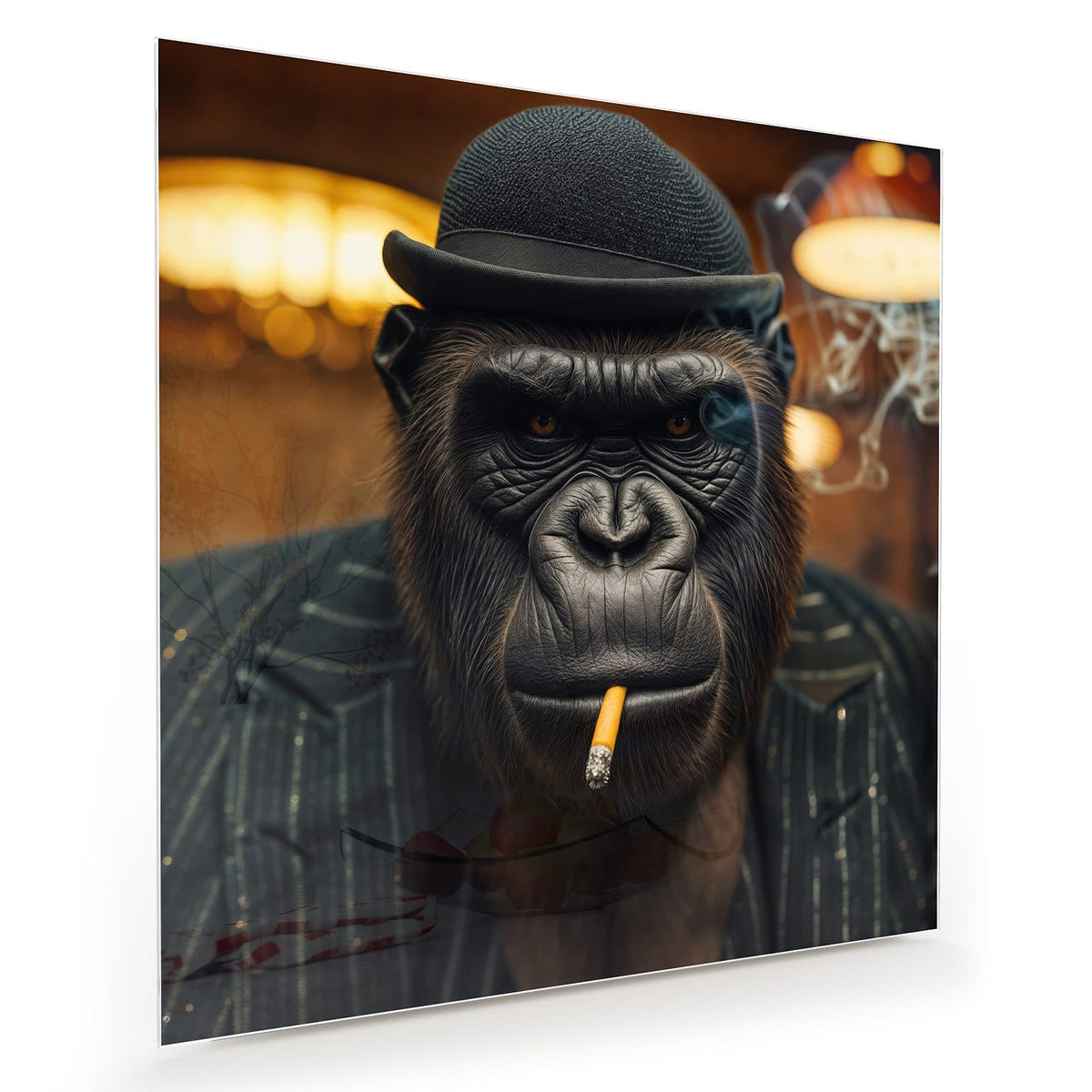 Gorilla mit schwarzer Melone und Nadelstreifenanzug, Zigarette im Mund, warme Lichter im Hintergrund