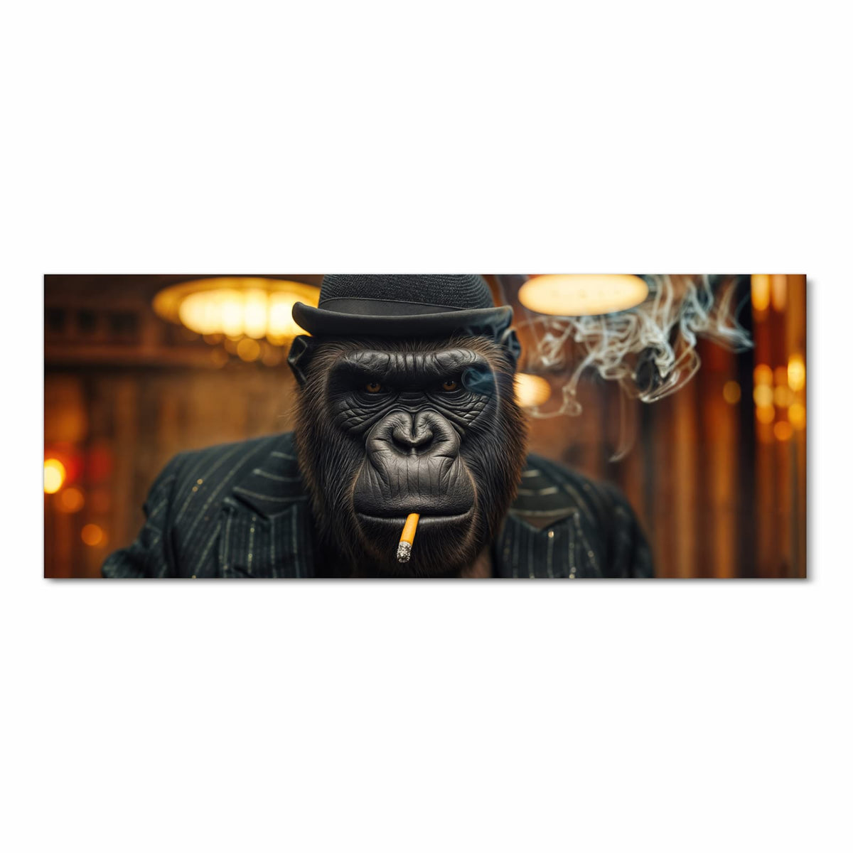 Gorilla mit schwarzer Melone und Nadelstreifenanzug, Zigarette im Mund, warme Lichter im Hintergrund
