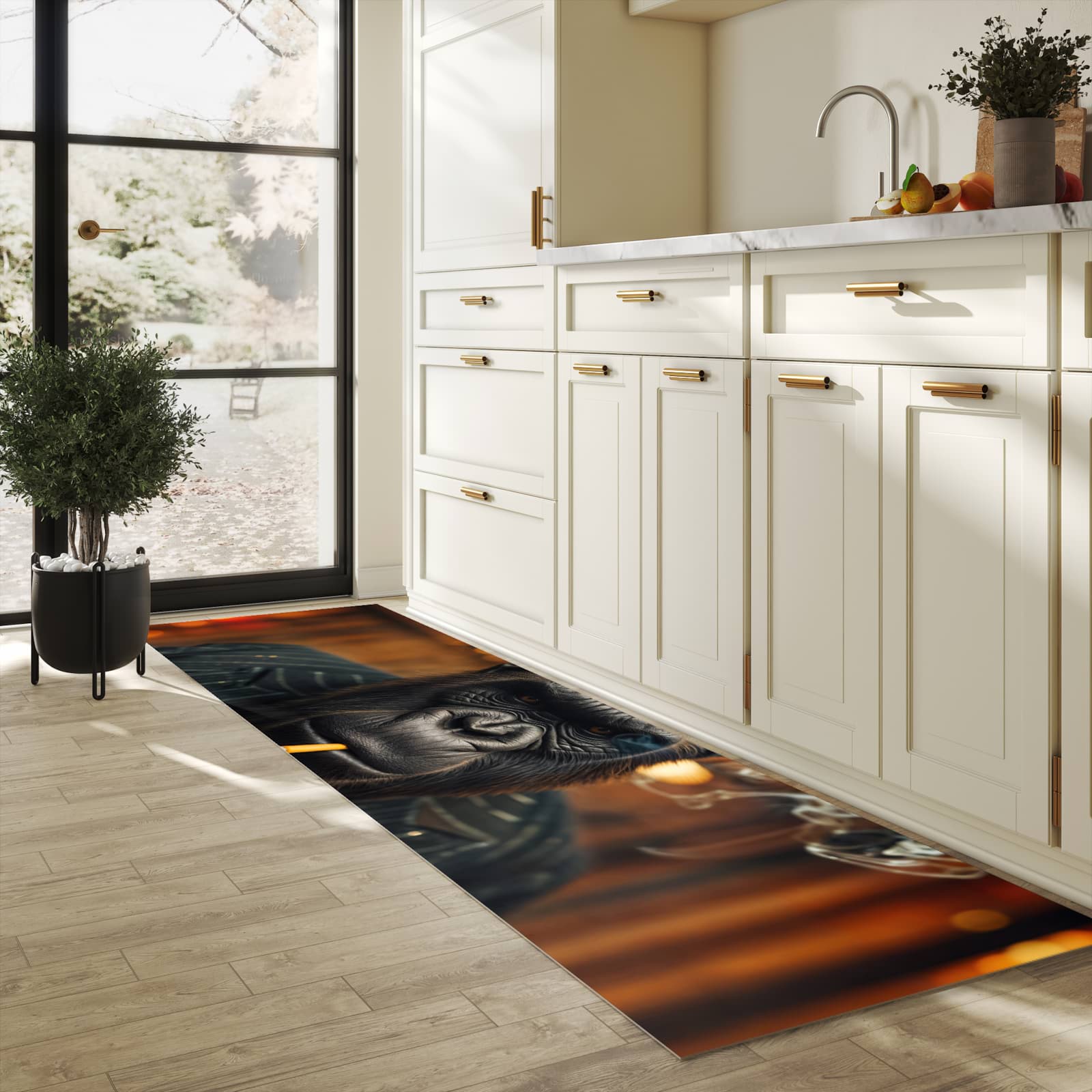 Pflegeleichter Läufer mit Motiv Rauchender Gorilla in heller Küche für einfache Reinigung