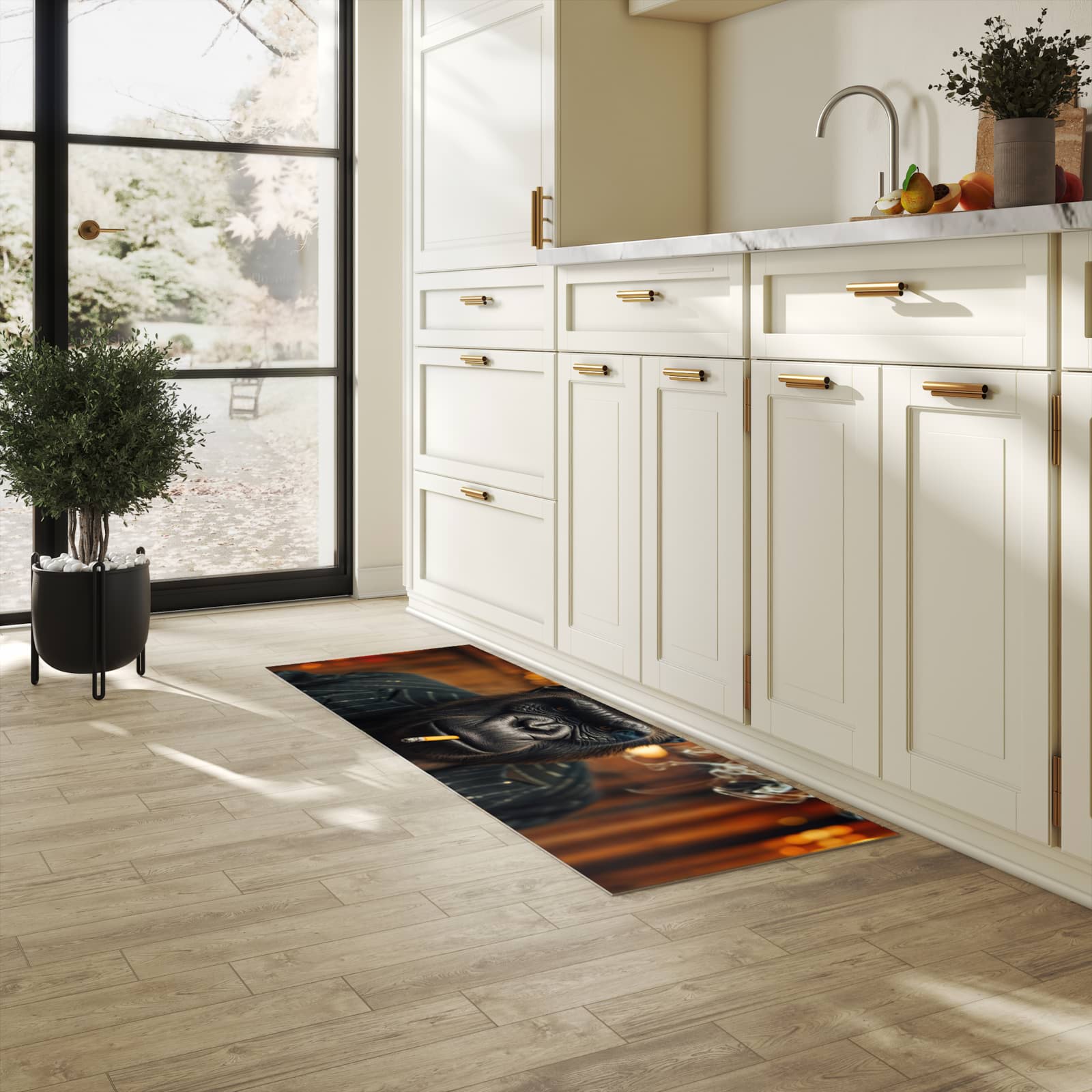 Fleckenresistenter waschbarer Teppich Küche mit Motiv Rauchender Gorilla in heller Küche