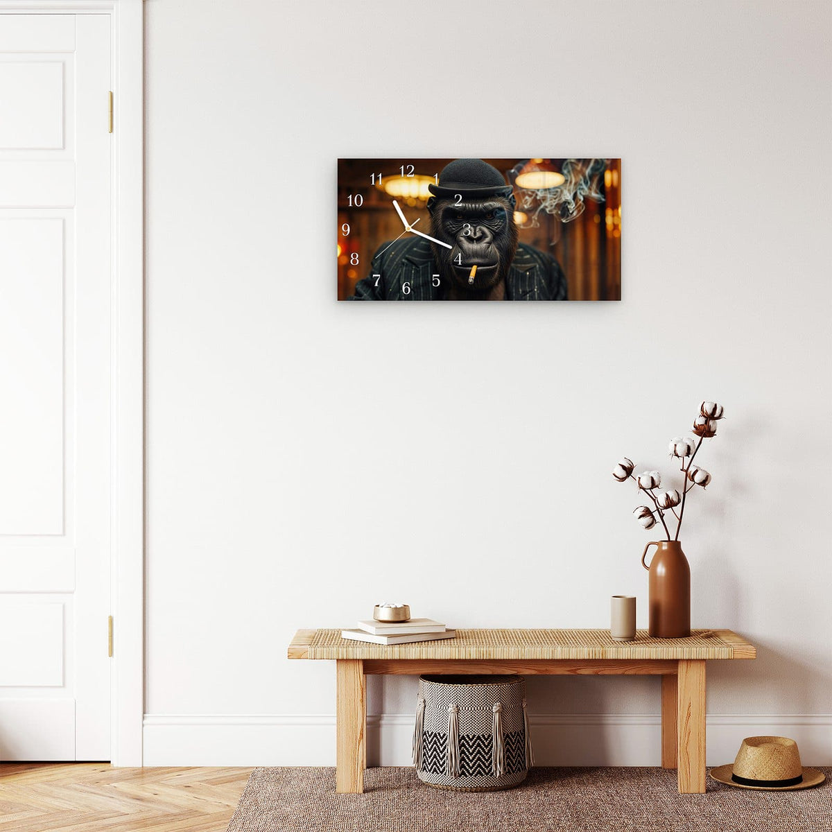 Moderne Wanduhr aus Glas mit Farbtiefe – Wanduhr Rauchender Gorilla aus Glas – Querformat 60 × 30 cm