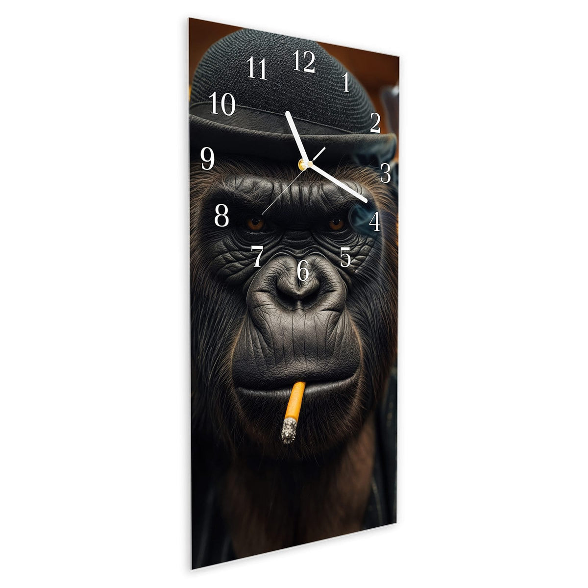 Vormontiert – mit Schwebeeffekt – Wanduhr Rauchender Gorilla aus Glas – Hochformat 30 × 60 cm