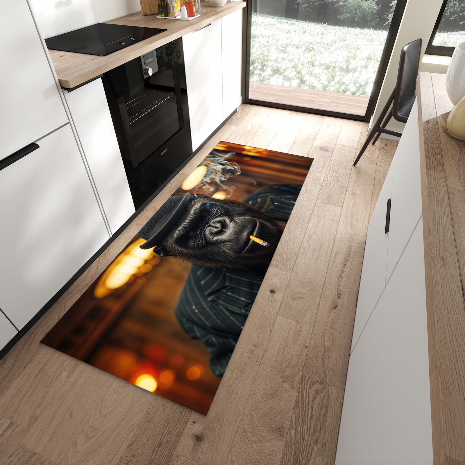 Pflegeleichter Küchenteppich mit Motiv Rauchender Gorilla in moderner Küche