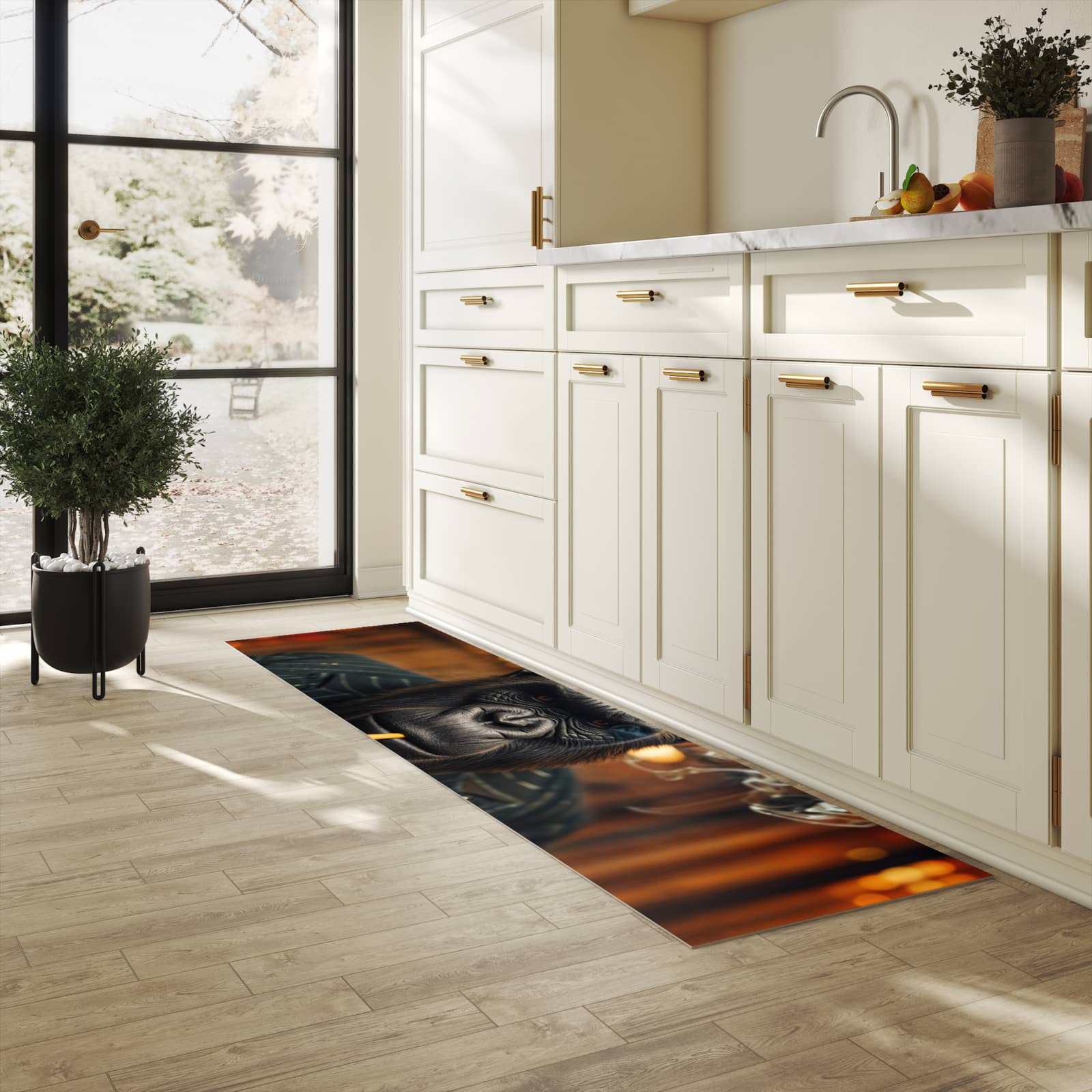 Schmutzabweisender Küchenläufer mit Motiv Rauchender Gorilla in heller Küche