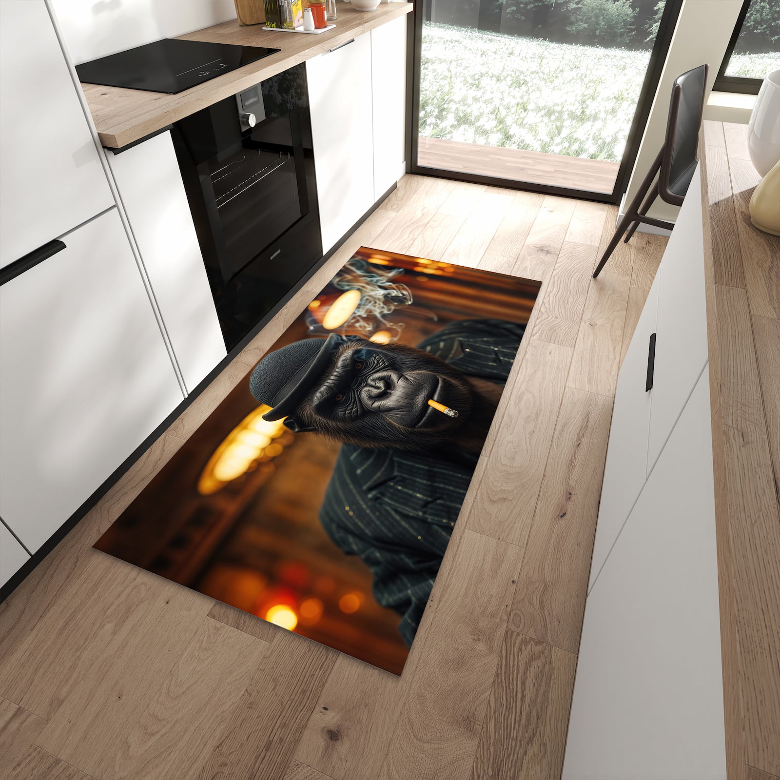 Waschbarer Küchenläufer mit Motiv Rauchender Gorilla in moderner Küche