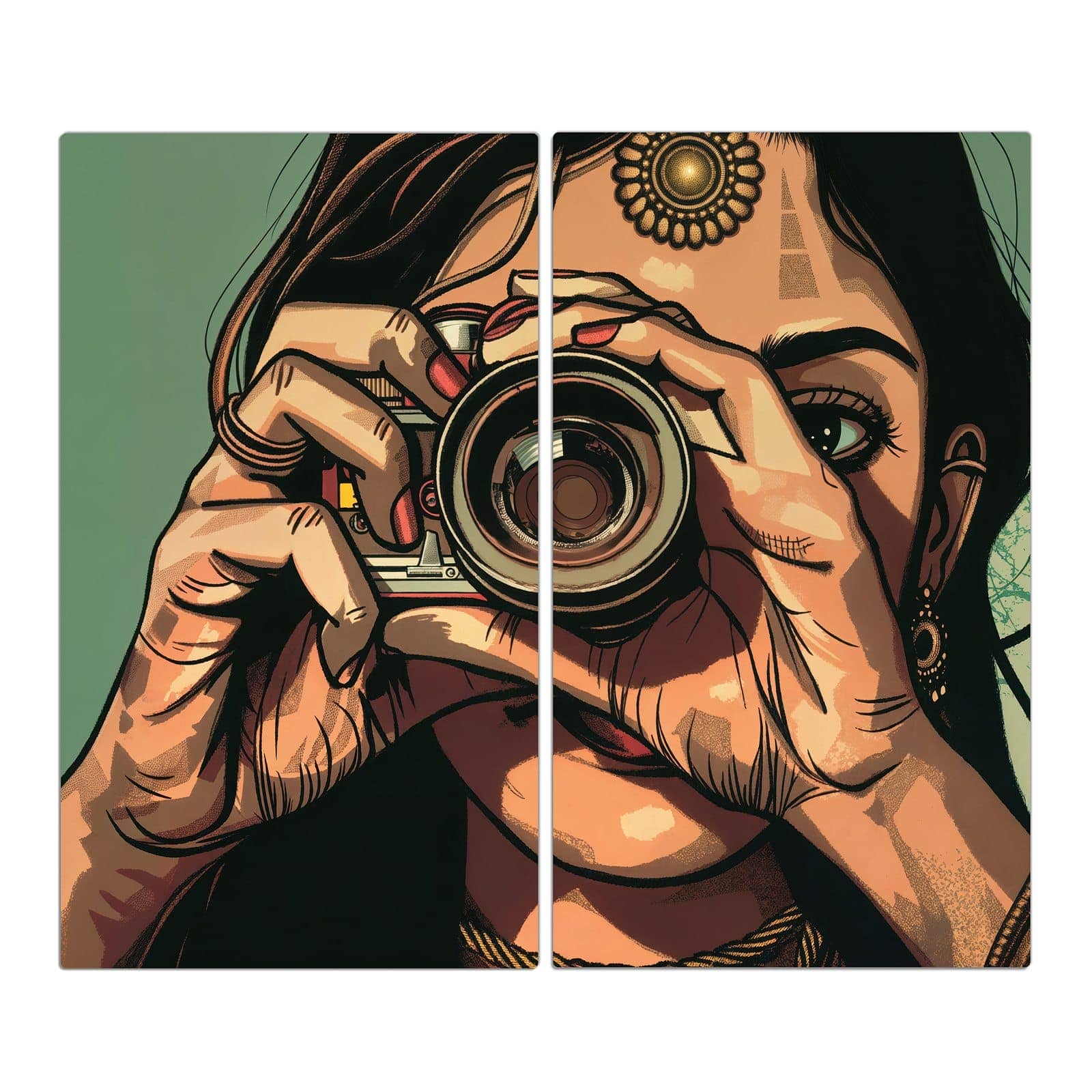 2-teilige Abdeckung für Herdplatte mit Frau Mit Kamera-Motiv in der Frontansicht #grösse_2-Teilig (60x52cm)