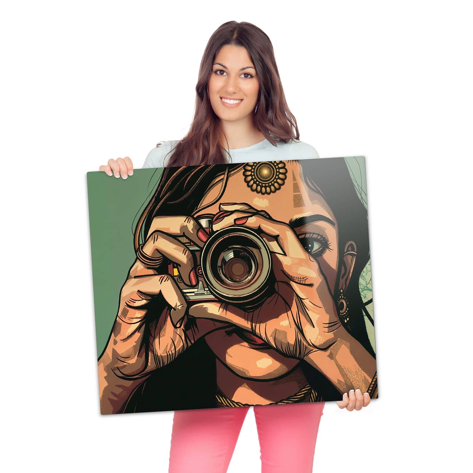 Herdabdeckplatte für Ceranfeld mit Frau Mit Kamera-Motiv wird zur Größendarstellung gehalten