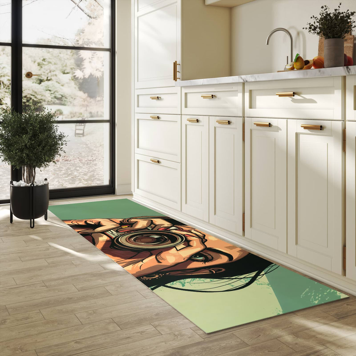 Langlebiger Küchenteppich mit Motiv Frau Mit Kamera in heller Küche