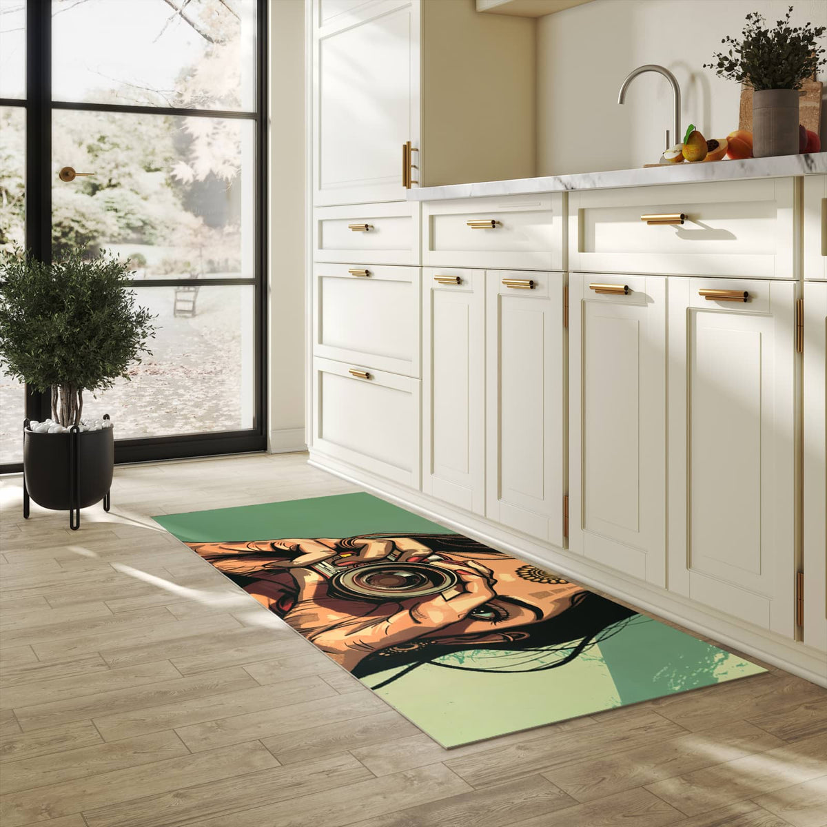 Strapazierfähiger Küchenteppich mit Motiv Frau Mit Kamera in heller Küche