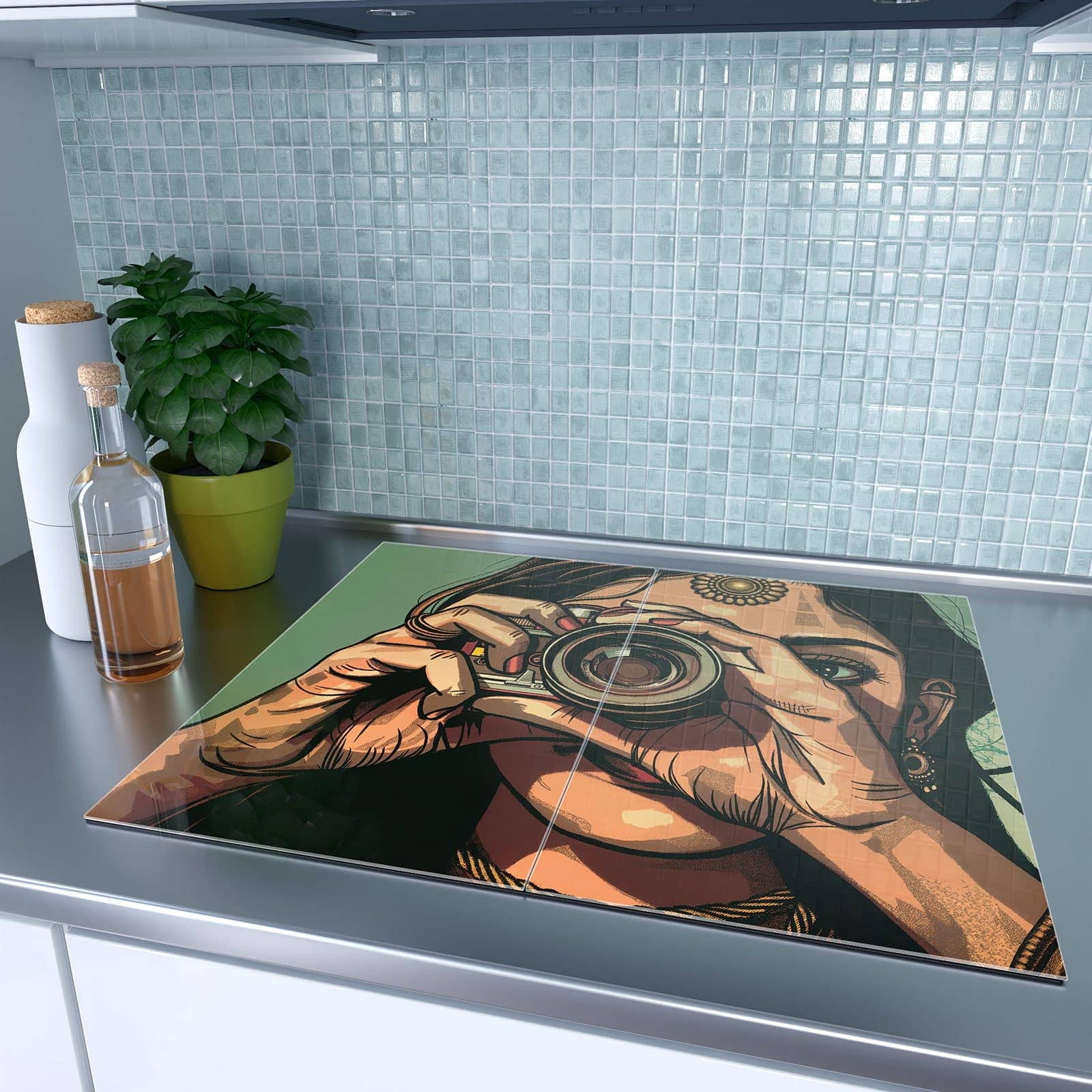 2-teilige Glasplatte für Herd mit Frau Mit Kamera-Motiv auf dem Ceranfeld