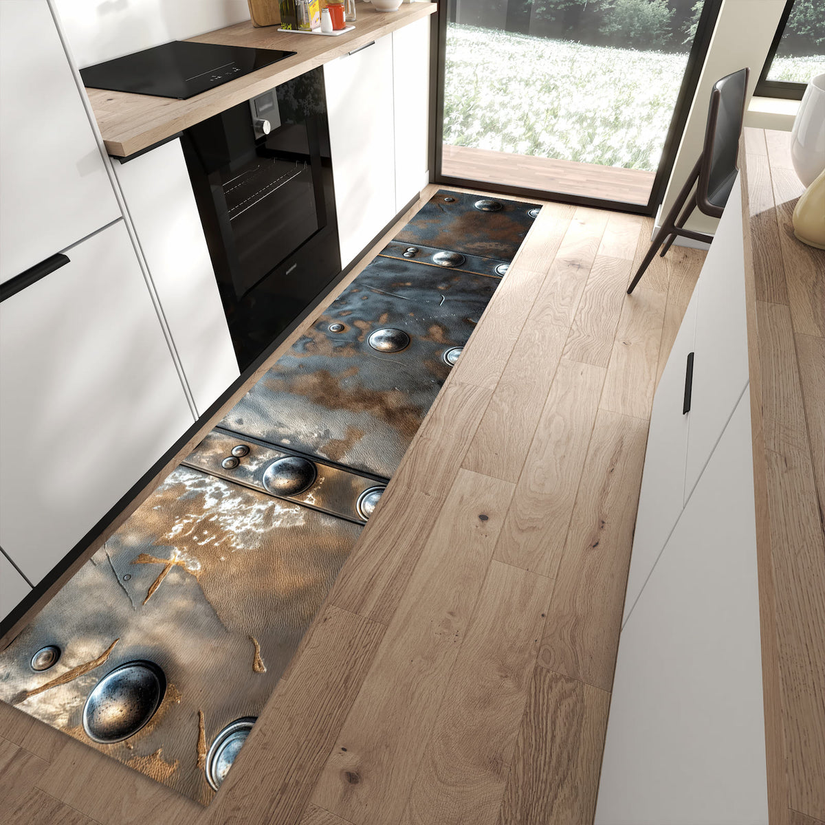 Waschbarer Küchenteppich mit Motiv Metallstruktur in moderner Küche