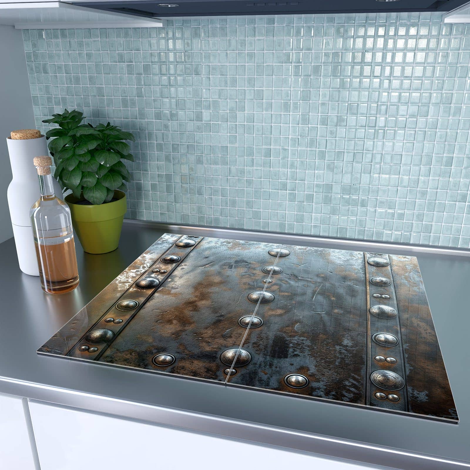 2-teilige Herdabdeckplatten mit Metallstruktur-Motiv auf dem Ceranfeld