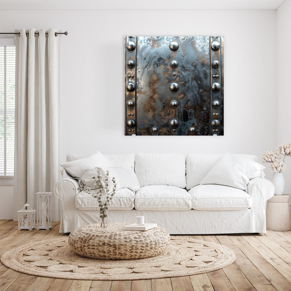 Glasbild Stahlplatte mit Nieten an der Wand – Genietete Metallplatte mit Nietenreihen links und rechts, Patina in Blaugrau und Kupfer