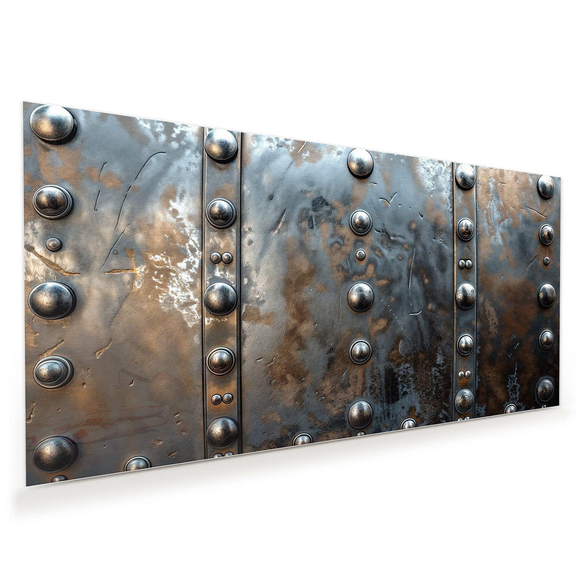 Genietete Metallplatte mit Nietenreihen links und rechts, Patina in Blaugrau und Kupfer