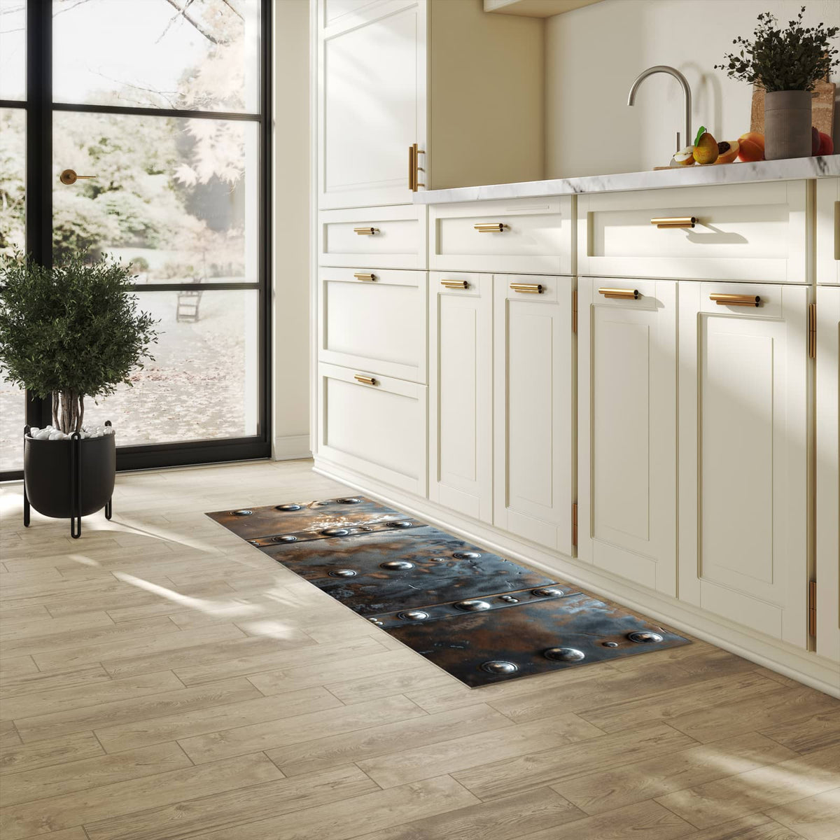 Küchenteppich mit Motiv Metallstruktur in heller Küche für sichere Aufbewahrung