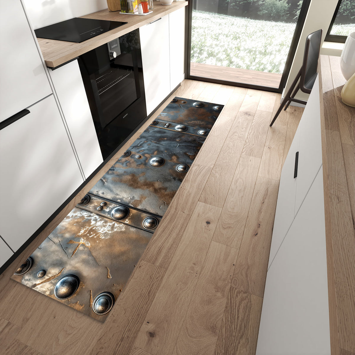Flacher Küchenläufer mit Motiv Metallstruktur in moderner Küche