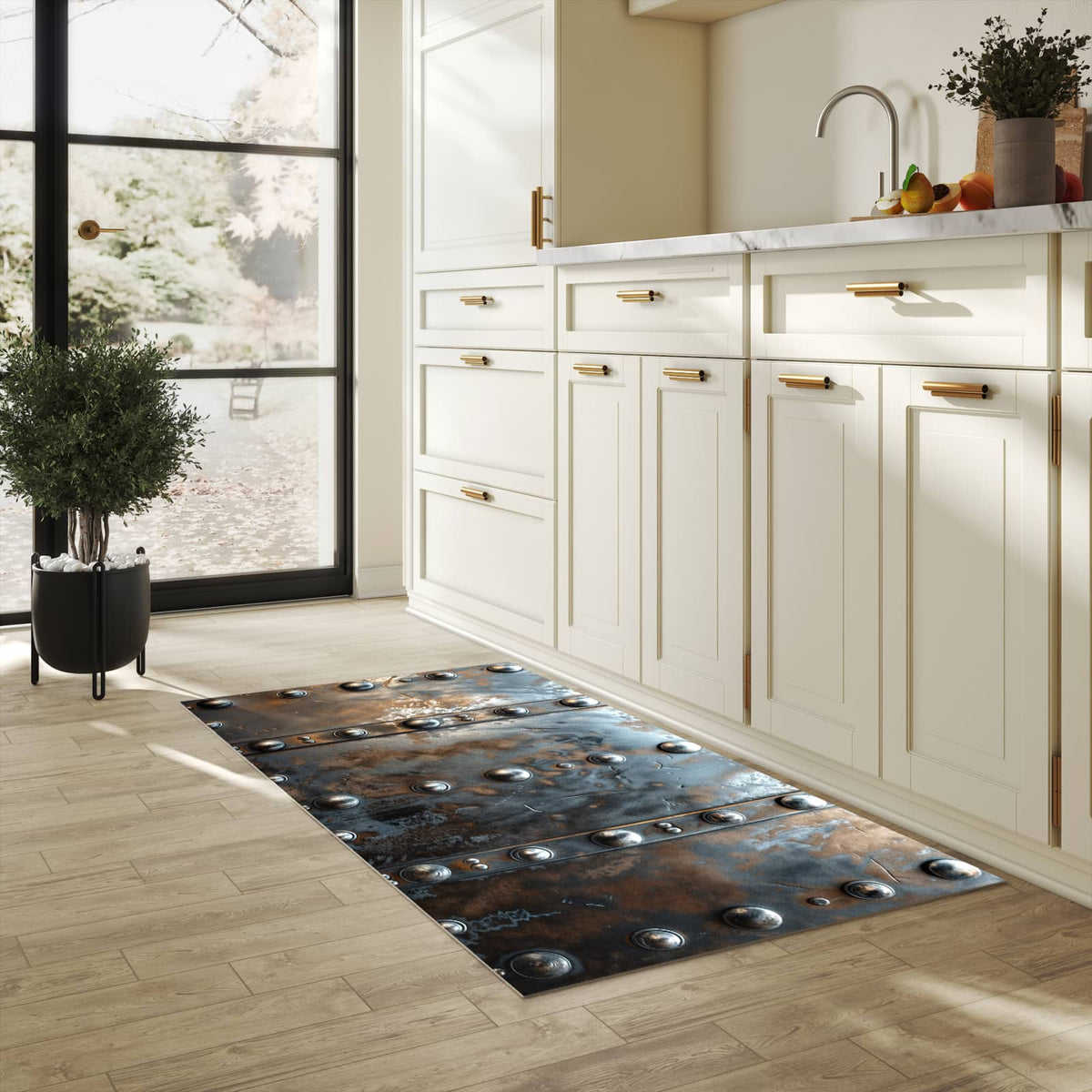 Geruchsneutraler Küchenläufer nach Maß mit Motiv Metallstruktur in heller Küche