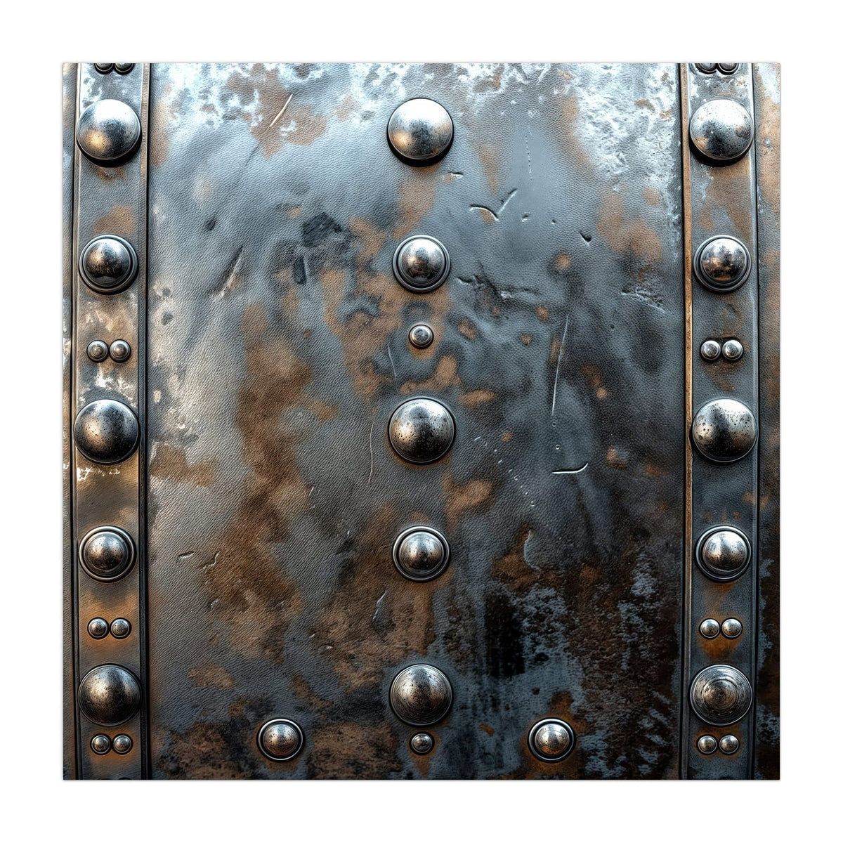 Genietete Metallplatte mit Nietenreihen links und rechts, Patina in Blaugrau und Kupfer