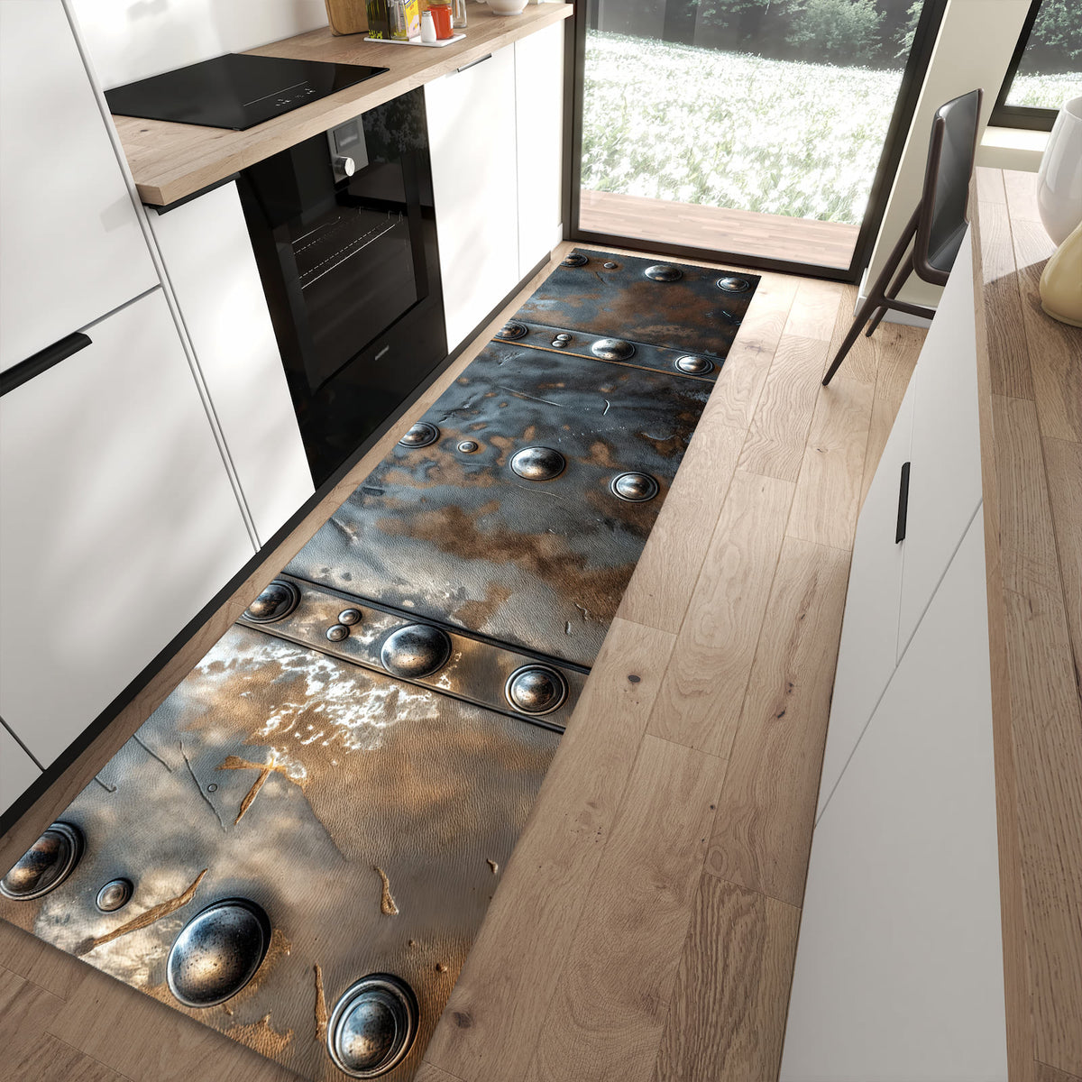 Langlebiger waschbarer Küchenteppich mit Motiv Metallstruktur in moderner Küche