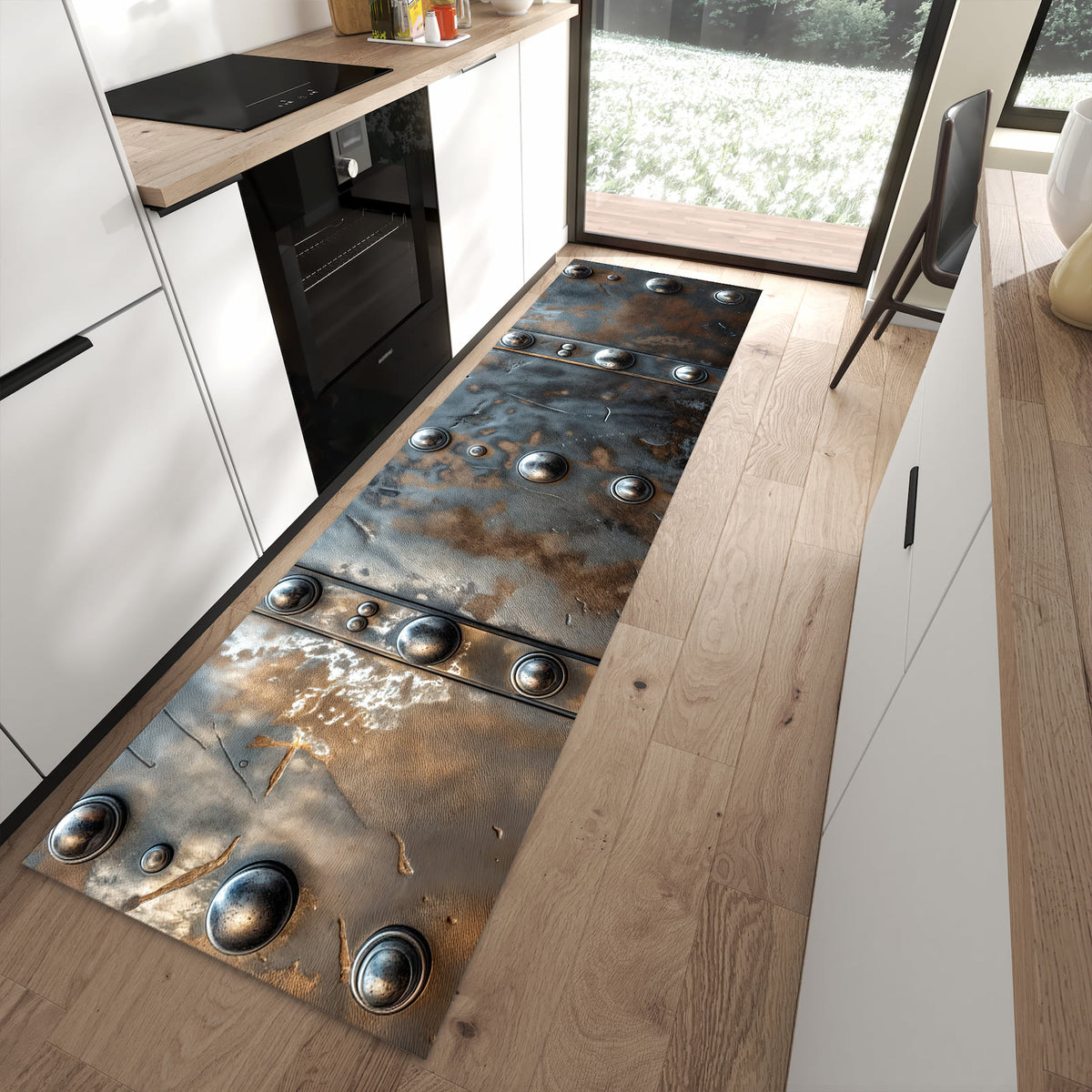 Waschbarer Küchenteppich mit Motiv Metallstruktur in moderner Küche