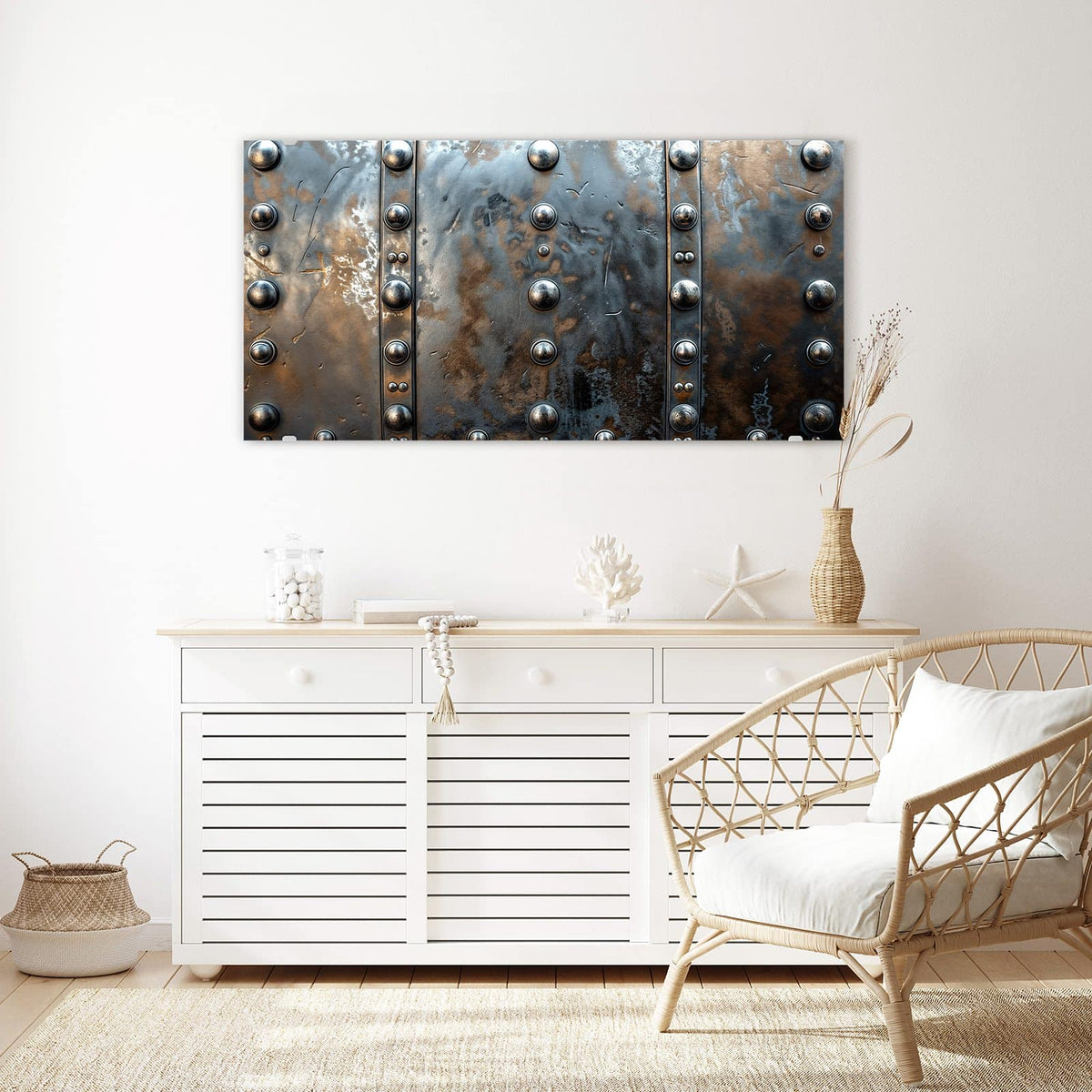 Echtglas, 4 mm – kein Acryl, keine Folie – Wandbild - Stahlplatte mit Nieten - Querformat