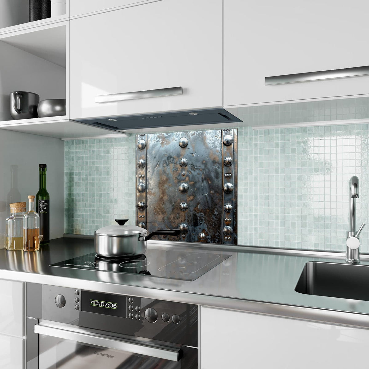 Küchenrückwand Stahlplatte mit Nieten aus Glas – Genietete Metallplatten mit Patina