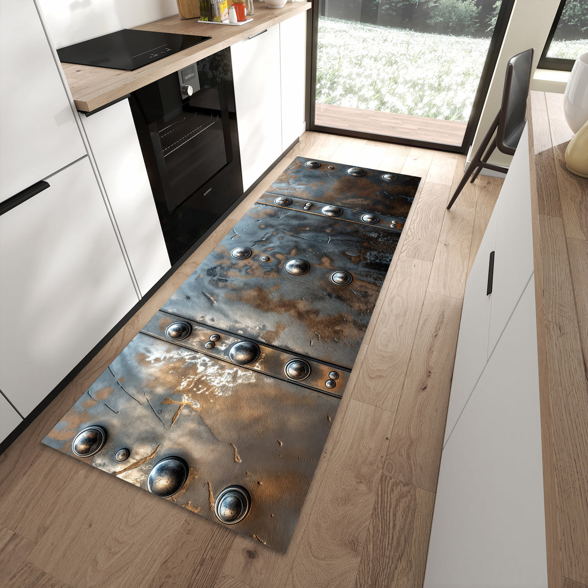 Feuchtigkeitsresistenter Küchenteppich mit Motiv Metallstruktur in moderner Küche