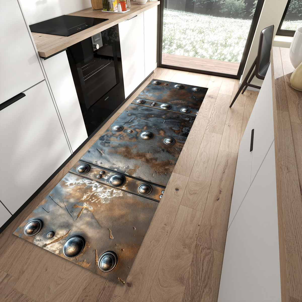 Strapazierfähiger Küchenteppich mit Motiv Metallstruktur in moderner Küche