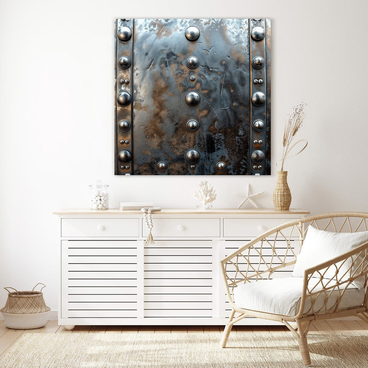 Glasbild Stahlplatte mit Nieten an der Wand – Genietete Metallplatte mit Nietenreihen links und rechts, Patina in Blaugrau und Kupfer