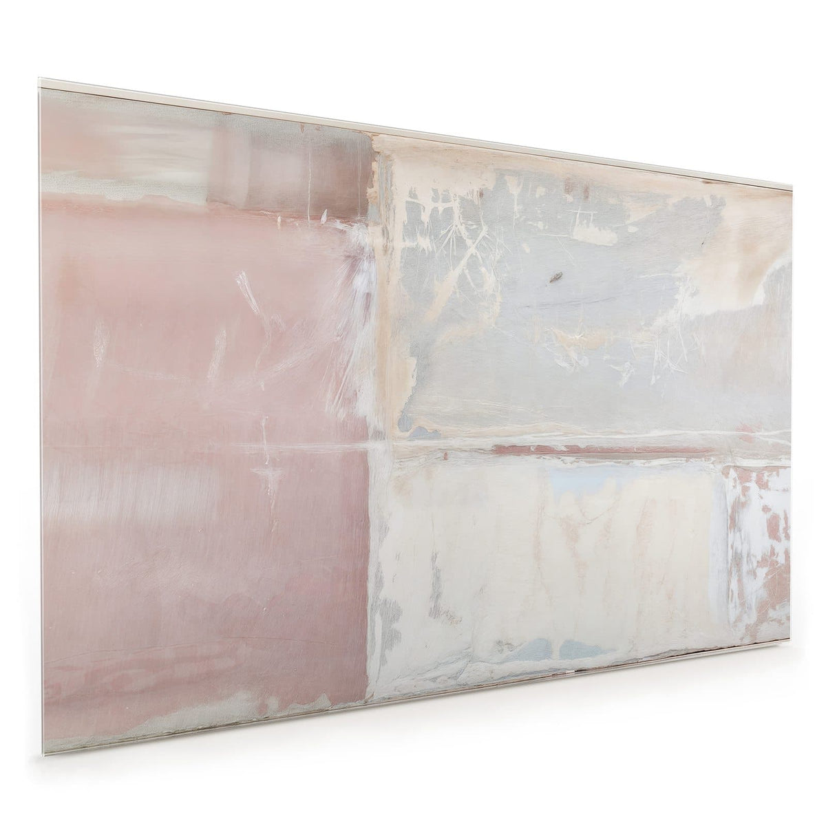 Küchenrückwand aus Glas im Hochformat mit Motiv Farbflächen in Rosa: Blasse abstrakte Farbfelder: altrosa Block links, graublaue und cremeweiße Flächen rechts.