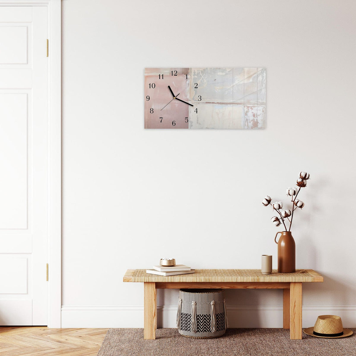 Moderne Wanduhr aus Glas mit Farbtiefe – Wanduhr Zarte Strukturen aus Glas – Querformat 60 × 30 cm